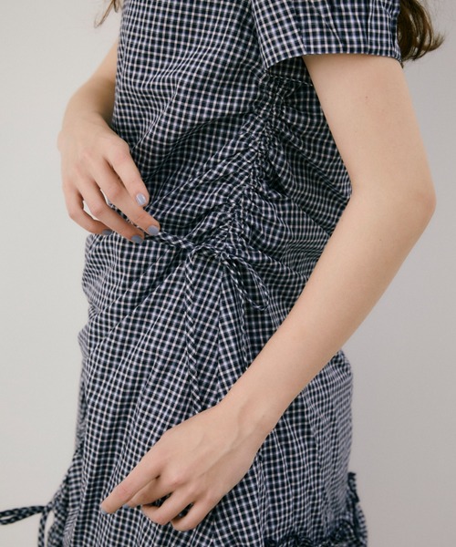 ワンピース 夏 半袖 drawstring gingham check onepiece / ドロスト