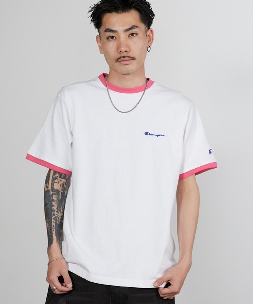 Champion（チャンピオン） tシャツ ロゴ刺繍 コットン 半袖リンガーT