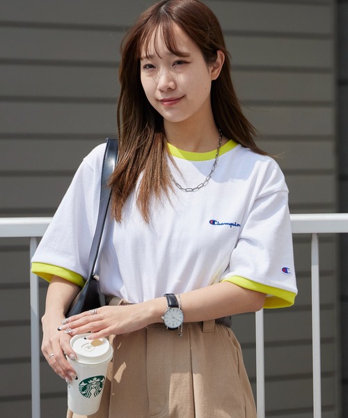 Champion（チャンピオン） tシャツ ロゴ刺繍 コットン 半袖リンガーT