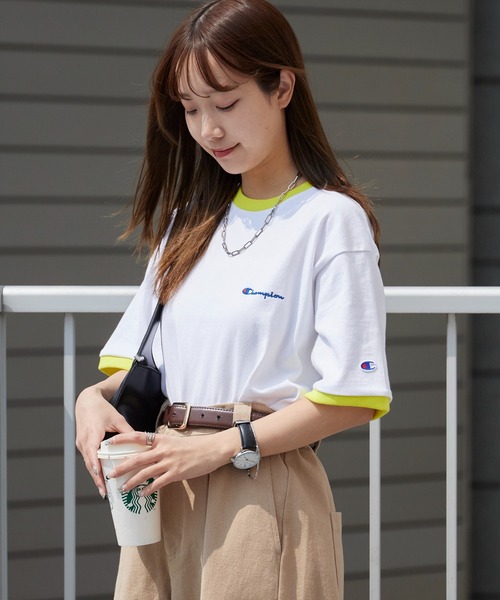 Champion（チャンピオン） tシャツ ロゴ刺繍 コットン 半袖リンガーT