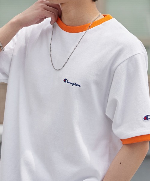 Champion（チャンピオン） tシャツ ロゴ刺繍 コットン 半袖リンガーT