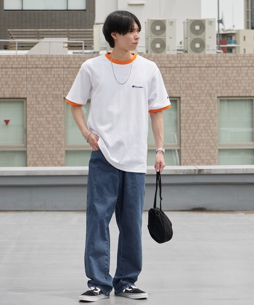 Champion（チャンピオン） tシャツ ロゴ刺繍 コットン 半袖リンガーT