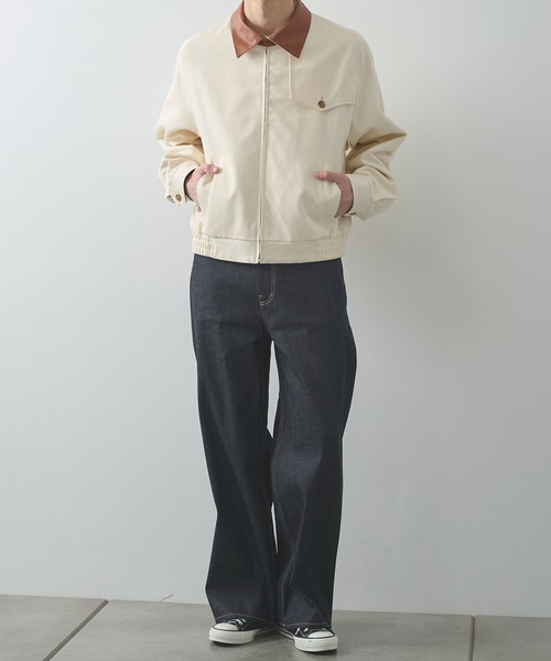 ブルゾン アウター 「irenisa/イレニサ」別注 LEATHER-COLLAR GUNFLAP ZIP BLOUSON メンズの画像