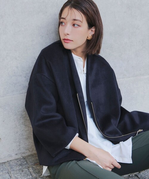 Tiaclasse ノーカラーコート コート モッサ風ダブルフェイス