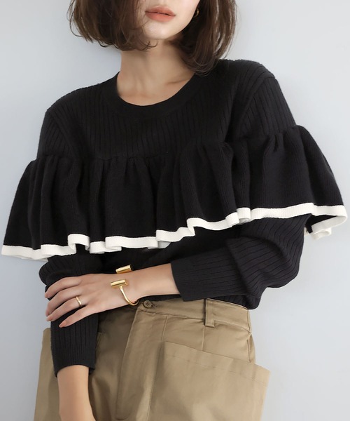 ELFRANK ニット セーター バイカラーフリルリブニットプルオーバー