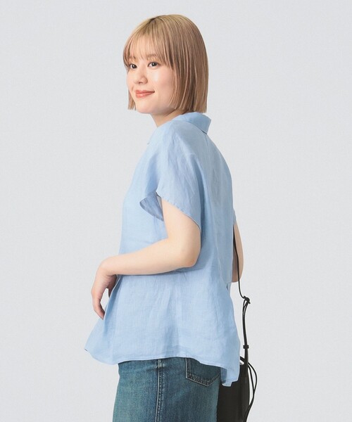 ブラウス シャツ リネン フレンチスリーブ スキッパー シャツ レディース