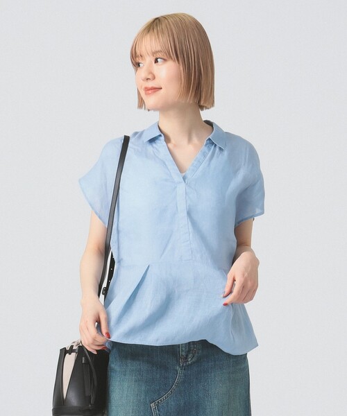 Ray BEAMS フレンチリネン ブラックシャツ セール】リネン フレンチスリーブ スキッパー シャツ（シャツ