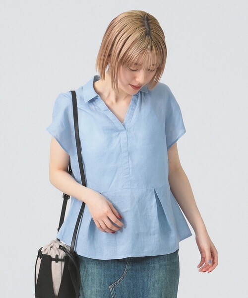 Ray BEAMS ブラウス シャツ リネン フレンチスリーブ スキッパー