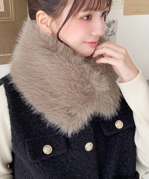 今季♡チェスティ♡フード付ファーマフラー♡ネイビー♡新品 moment+ マフラー ストール フェイクファーティペット レディース