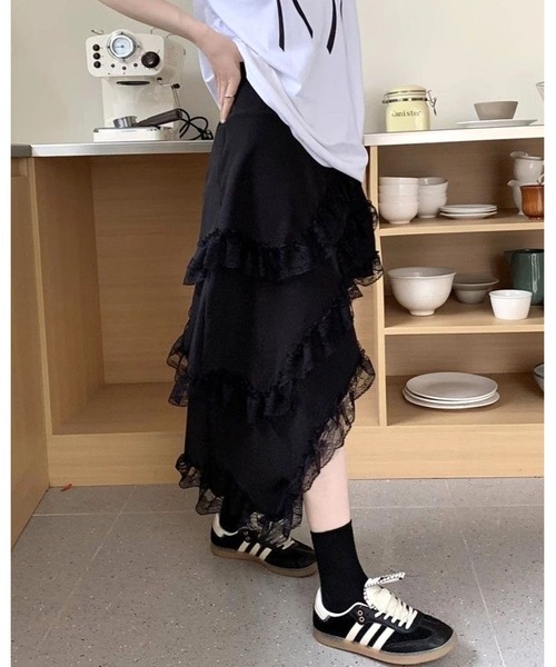 FUNdaysion スカート レースフリルアシンメトリーティアード