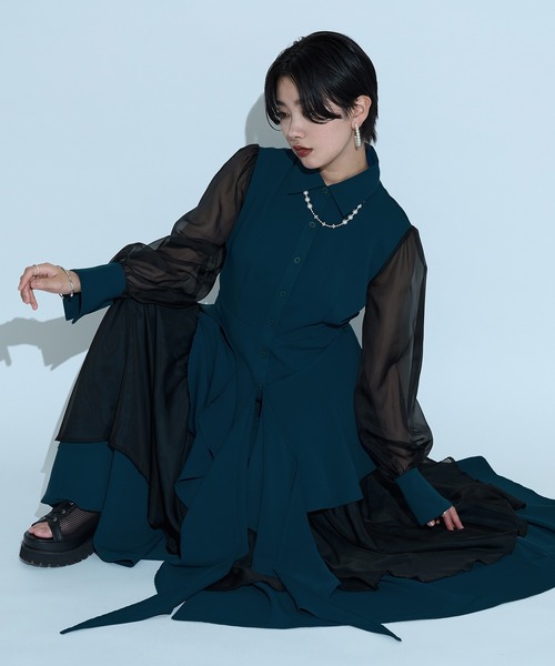 Ellno de Mavie シャツワンピース ラッフルデザインシアー