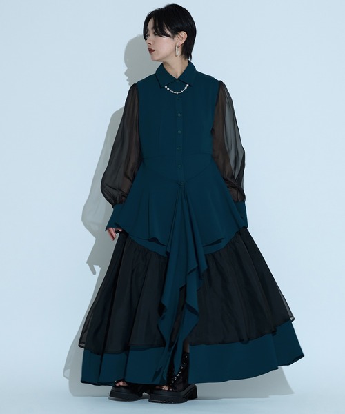 極美品✨定価１.２万❤️　青　洗える　ラッフル カラー ロング シャツワンピース Ellno de Mavie シャツワンピース ラッフルデザインシアー