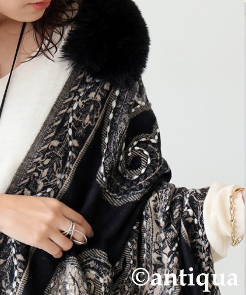 antiqua（アンティカ） ポンチョ ファー付き ポンチョ レディース