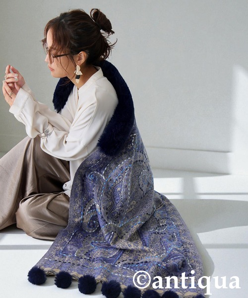 antiqua（アンティカ） ポンチョ ファー付き ポンチョ レディース