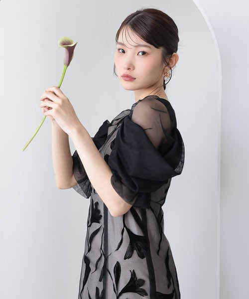 ドレス フロッキーレースオフショルダー風スリーブAラインワンピースドレス パーティー 結婚式 お呼ばれ オケージョンの画像