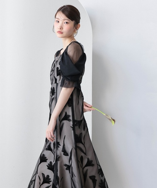 ドレス フロッキーレースオフショルダー風スリーブAラインワンピースドレス パーティー 結婚式 お呼ばれ オケージョンの画像