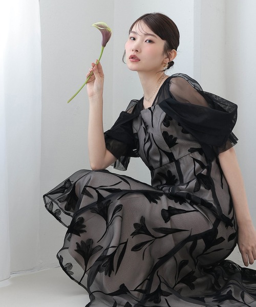 Kana ドレス フロッキーレースオフショルダー風スリーブAライン