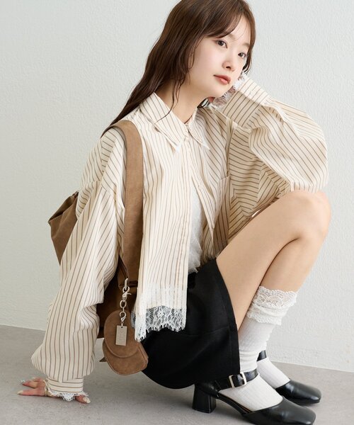 mystic  再入荷　人気のストライプシャツ mystic（ミスティック） ブラウス シャツ 「4色展開/ストライプ/無地