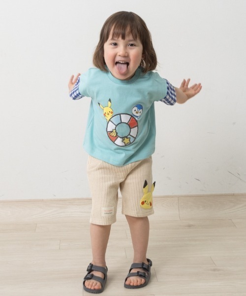 レアなキッズリネンたっつけ　子供服　モンペ　股引き　襤褸　ボロ tシャツ monpoke モンポケ 半袖Tシャツ PVCアップリケ キッズ 子供服