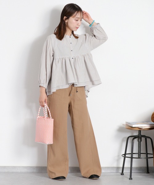 【美品】YAECA ベージュストライプギャザーシャツ　ライトギャザーブラウス cepo（セポ） ブラウス シャツ 夏 ストライプギャザーシャツブラウス