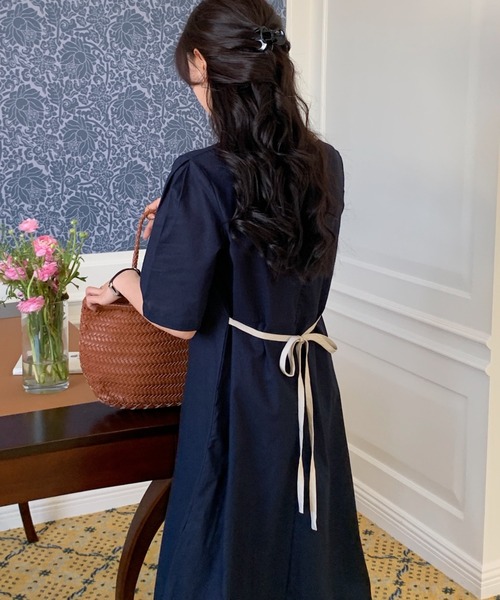 クリスマスファッション 人気作家 ハンドメイド リネンワンピース パイピングリボン ロングワンピース ロングワンピース Naomi Com Tr