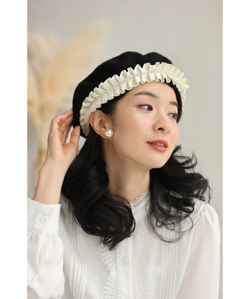 cawaii 帽子 ベレー帽 （黒）ロゼットリボンのベレー帽子