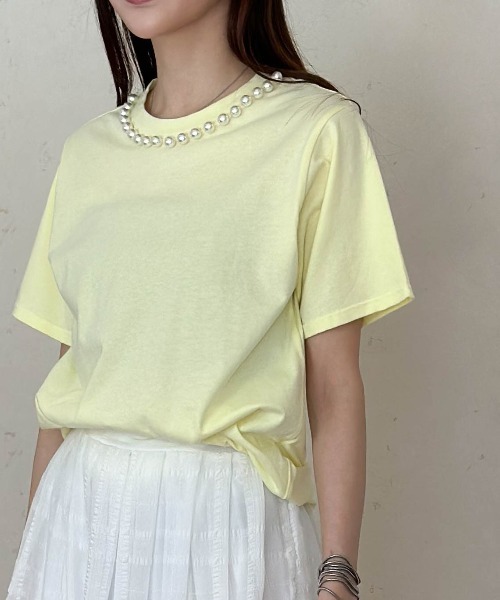 Per sist ence（パーシエンス） tシャツ 天竺衿ぐりパール付きTシャツ 