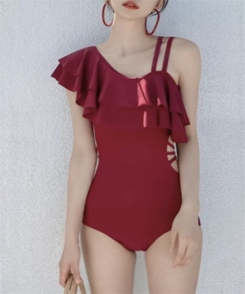 M~XL■バックオープン。斜めフリル ワンピース水着 rw0148 Amazon | ワンピース水着 レディース 水着 フリル Vネック