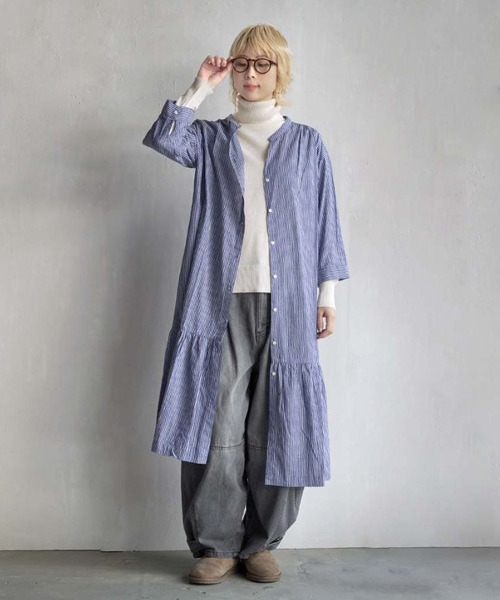 e-zakkamania stores シャツワンピース ストライプ柄 スキッパー