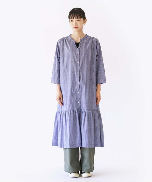 【nest Robe】麻100% ストライプ柄スキッパーシャツワンピース グレー e-zakkamania stores シャツワンピース ストライプ柄 スキッパー