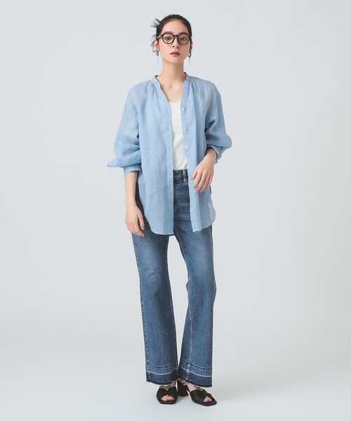 Ray BEAMS リネンキーネックシャツ　ブルー Ray BEAMS（レイ ビームス）リネン キーネック シャツ（シャツ