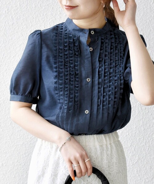 ブラウス シャツ バンドカラーシアーフリルブラウス レディース le.coeur blanc｜バンドカラーシアーフリルブラウス | Rakuten