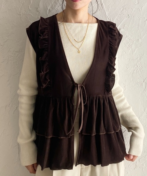 She's Closet ベスト ジレ 深Vネックベロアティアードフリルリボン