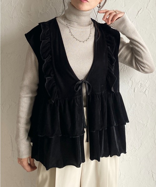 She's Closet ベスト ジレ 深Vネックベロアティアードフリルリボン