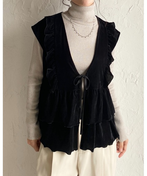She's Closet ベスト ジレ 深Vネックベロアティアードフリルリボン
