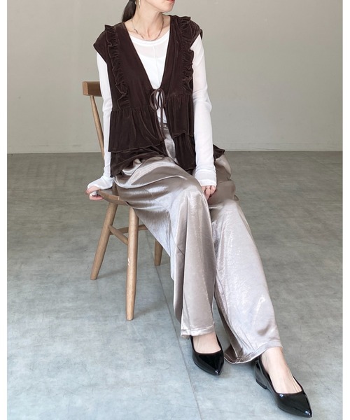 She's Closet ベスト ジレ 深Vネックベロアティアードフリルリボン