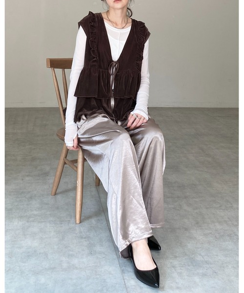 She's Closet ベスト ジレ 深Vネックベロアティアードフリルリボン