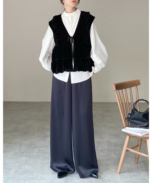 She's Closet ベスト ジレ 深Vネックベロアティアードフリルリボン
