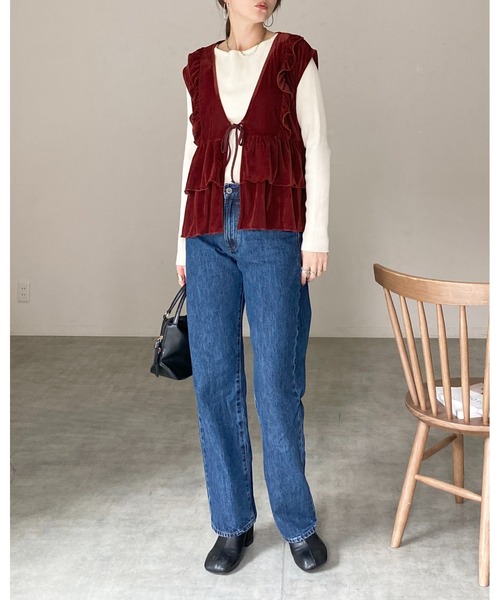 She's Closet ベスト ジレ 深Vネックベロアティアードフリルリボン