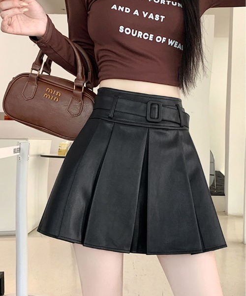 スカート ベルト付き フェイクレザー プリーツ ミニ : ZOZOTOWN Yahoo