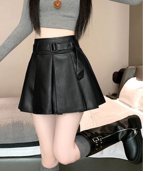 スカート ベルト付き フェイクレザー プリーツ ミニ : ZOZOTOWN Yahoo