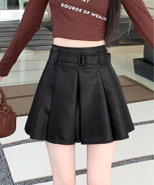 スカート ベルト付き フェイクレザー プリーツ ミニ : ZOZOTOWN Yahoo