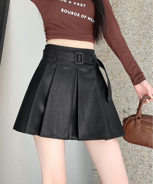 スカート ベルト付き フェイクレザー プリーツ ミニ : ZOZOTOWN Yahoo