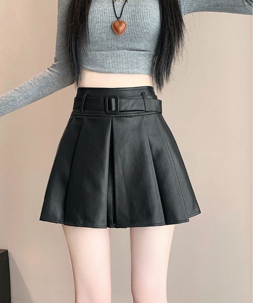 スカート ベルト付き フェイクレザー プリーツ ミニ : ZOZOTOWN Yahoo