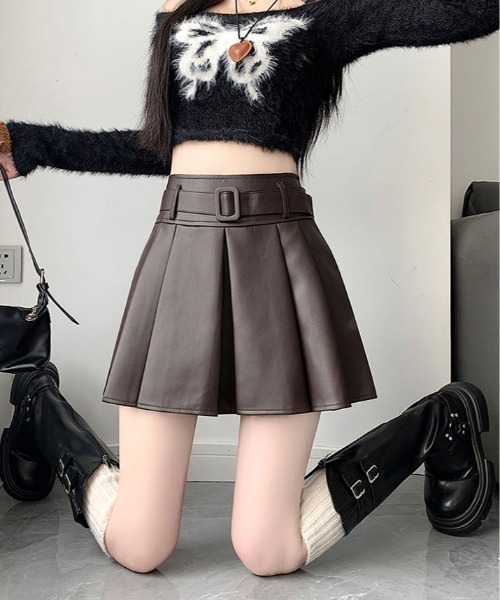 スカート ベルト付き フェイクレザー プリーツ ミニ : ZOZOTOWN Yahoo