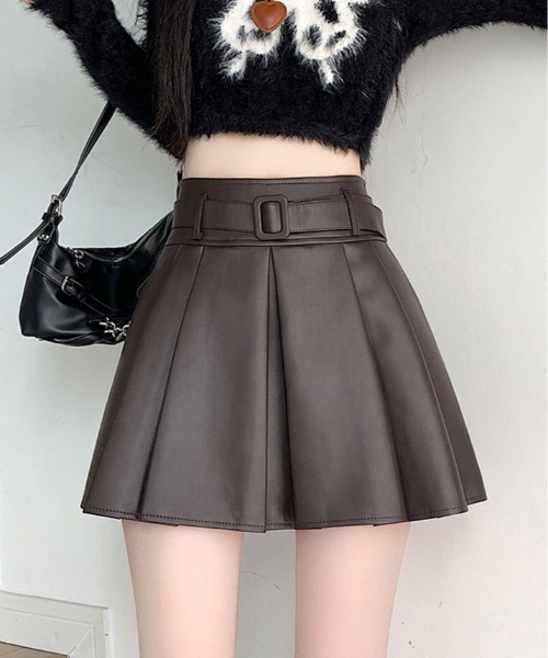 スカート ベルト付き フェイクレザー プリーツ ミニ : ZOZOTOWN Yahoo