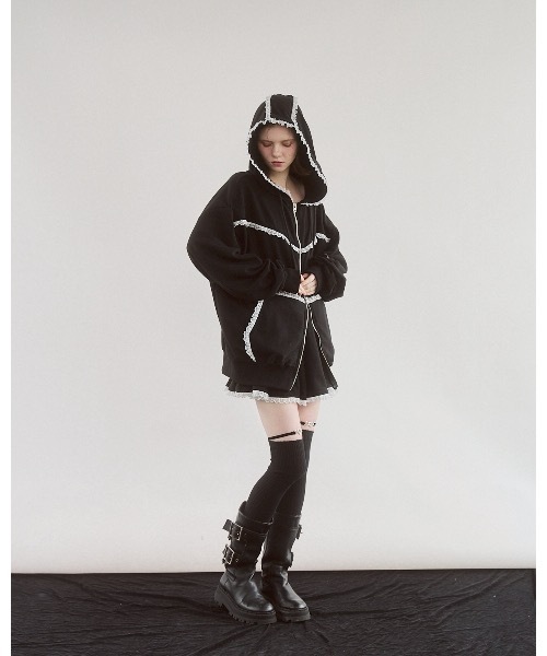 RILY 黒 パーカー lilLilly（リルリリー） パーカー レースビッグフーディー レディース