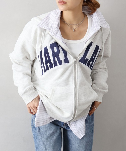 theory luxe ロゴプリントライトグレーフード付きダブルジップパーカー SpRay（スプレイ） パーカー 貼付ロゴダブルZIPパーカー レディース