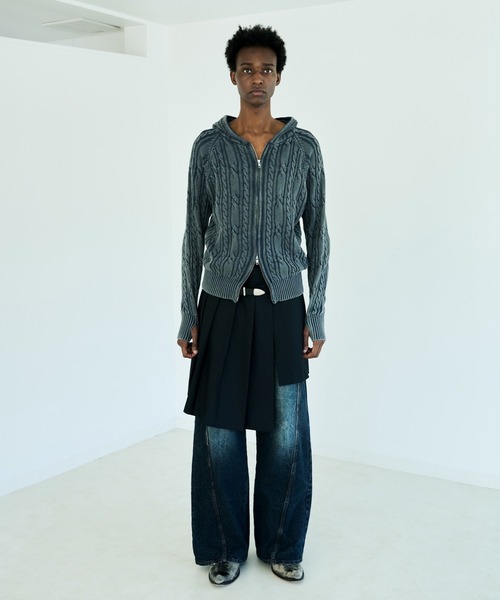 Camphor wood パーカー STONE WASH DOUBLE ZIP CABLE KNIT HOODIE