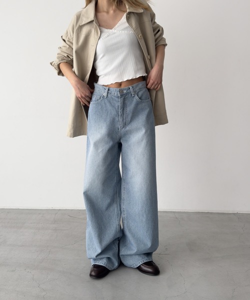 ヒッコリーストライプワイドパンツ（レディースファッション